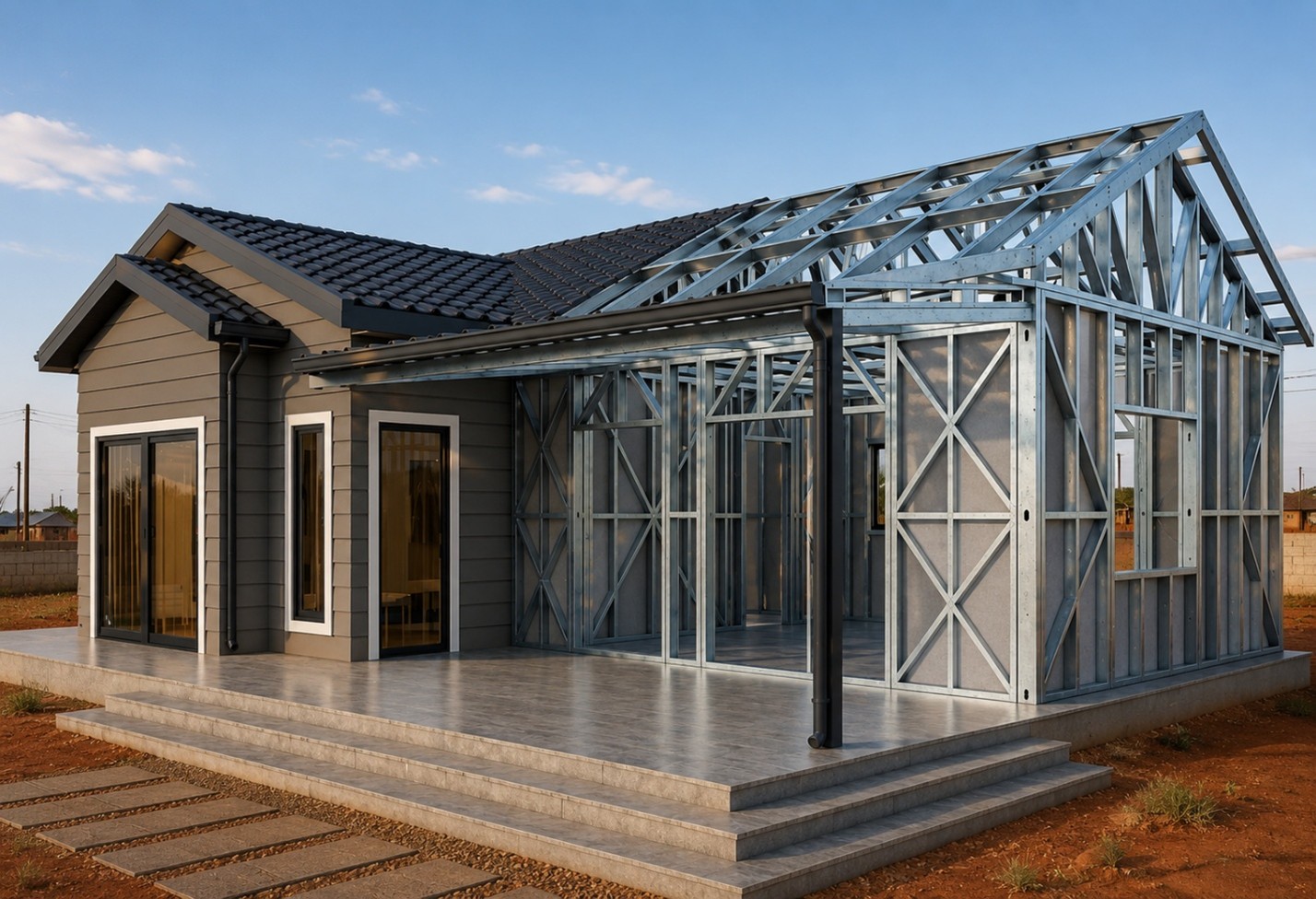 Modern light gauge steel (LGS) house under construction with galvanized steel framing and partially completed exterior on a concrete foundation.