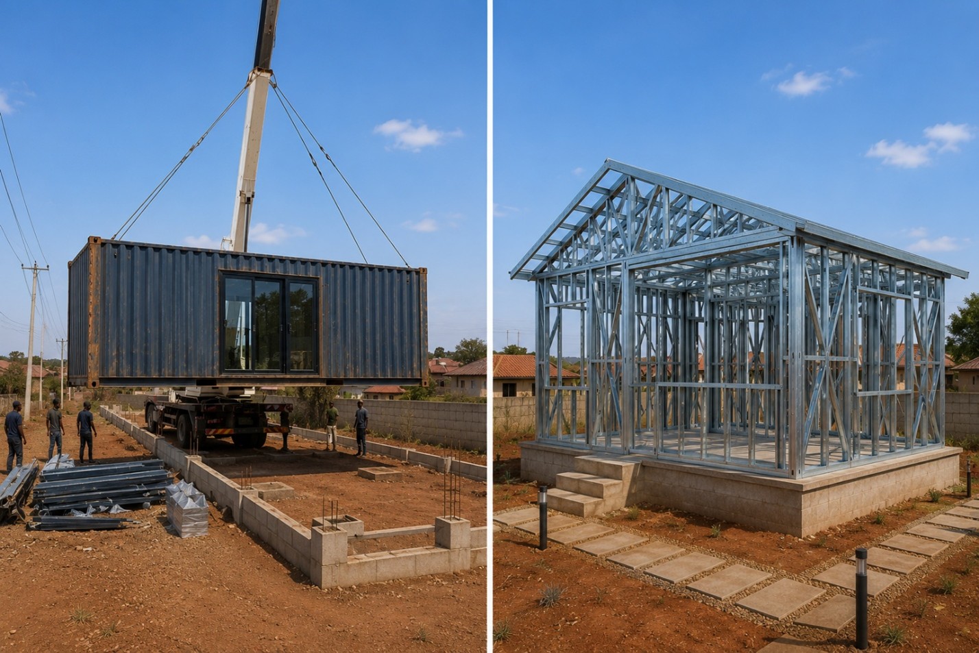 Comparison of a shipping container home installation and a light gauge steel (LGS) house frame under construction on concrete foundations